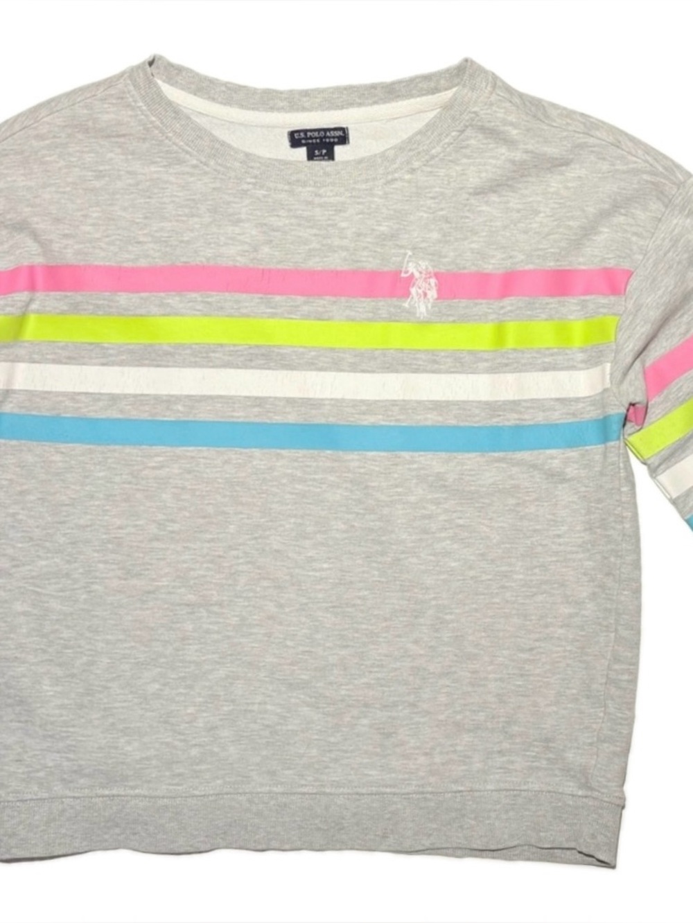 U.S. Polo Assn. Neon Striped Crewneck Sweatshirt Grey Pink Green S